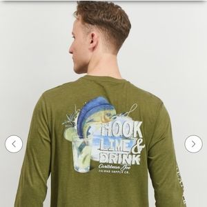 CARIBBEAN JOE HOOK LIME & DRINK LONG SLEEVE T-SHIRT LG Khaki Green BNWT SO